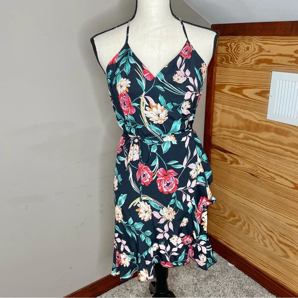Lovers + Friends Gigi Wrap Mini Dress Bold Floral Black Ruffle Medium NWT - Image 2