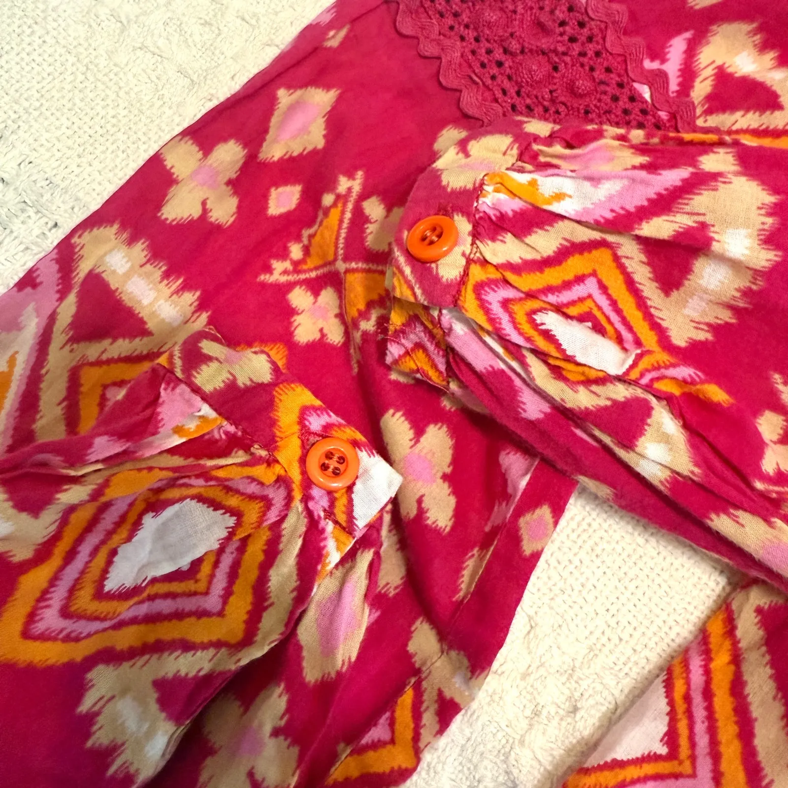 Tory Burch 8 cotton crochet trim geometric print tassel front tie top TLS1 3125 - Image 5