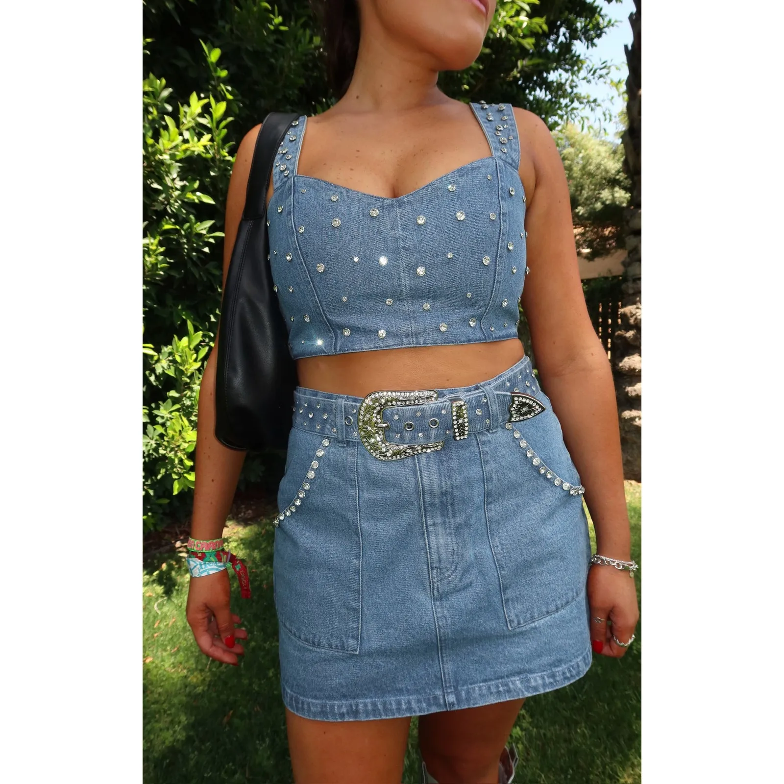 Show Me Your Mumu Shania Skirt in Indigo Rhinestone Denim L NWT - Image 4