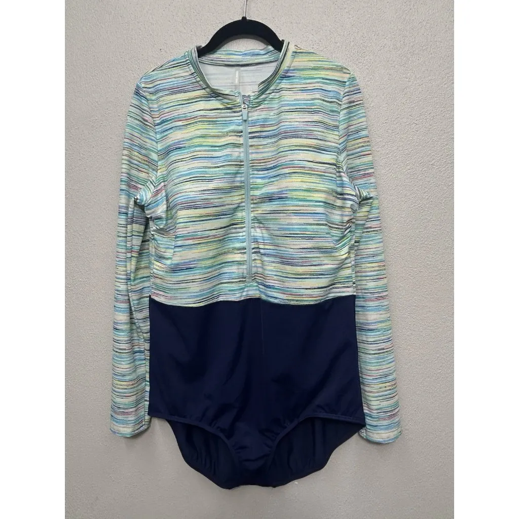 Land's End One-Piece Rash Guard Swim Sz 18 Zip Front Long Sleeve Blue Modest - Image 3