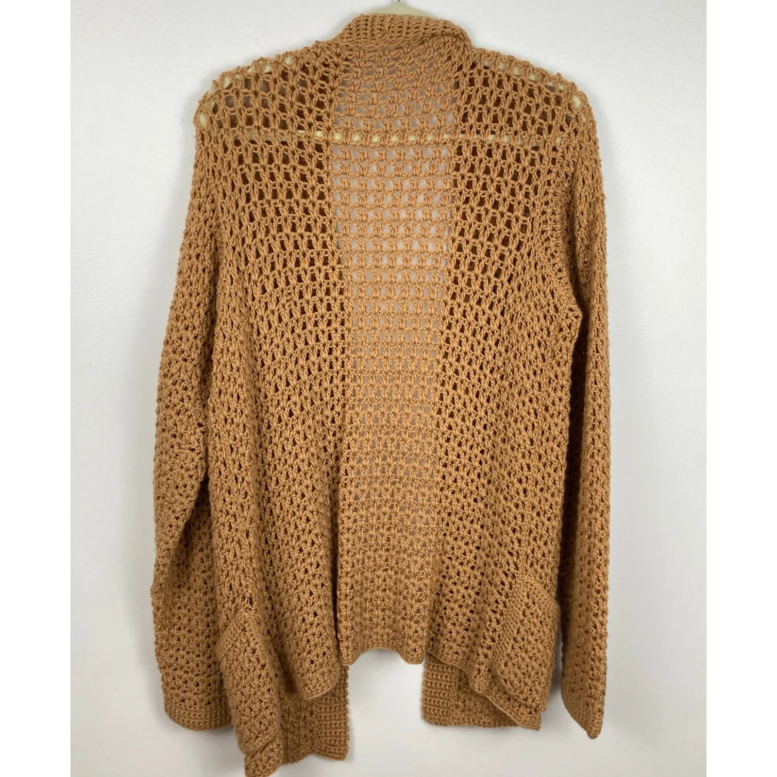 Handmade Womens L Long Brown Crochet Open Knit Oversized Cardigan Boho Granola - Image 2