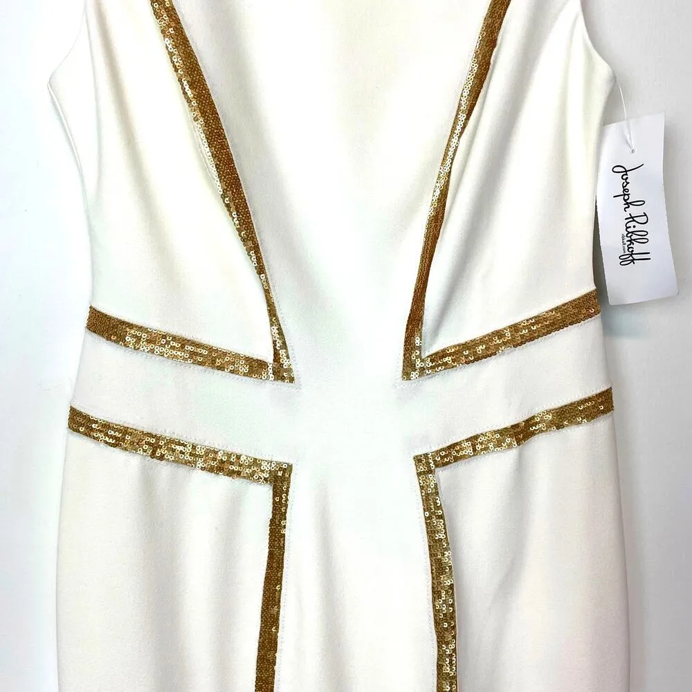 Joseph Ribkoff White Gold Sequined Sleeveless Sheath Dress Sz 6 - Image 6