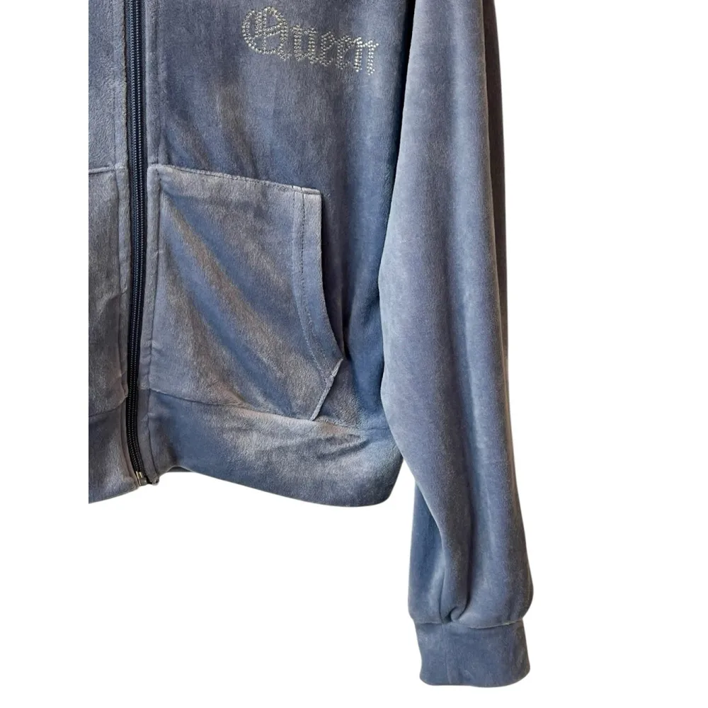 Refuge Hoodie Jacket Womens L Blue Velour Velvet Full Zip Rinestone QUEEN NEW - Image 5