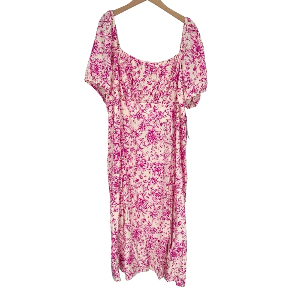 London Times Puff Sleeve Pink Floral Print Midi Dress size 24W Square Neck NWT - Image 3