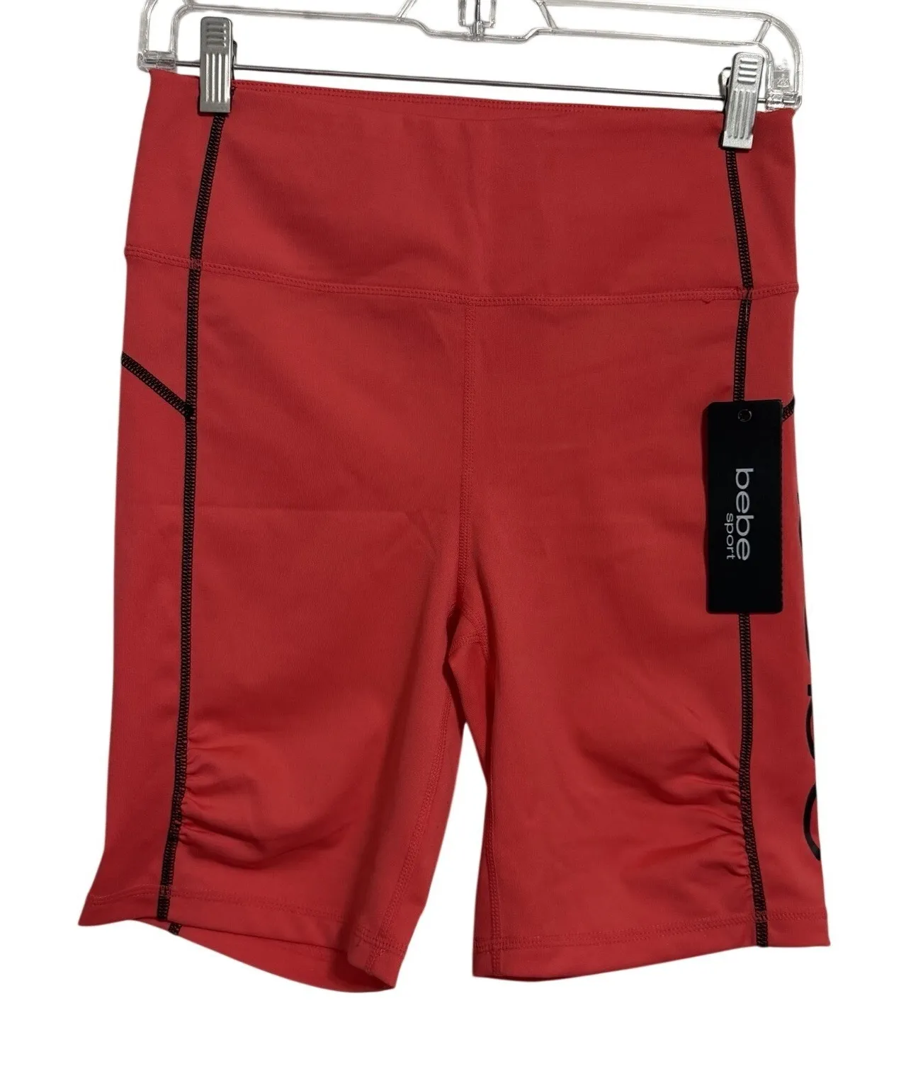 Bebe Sport Hibiscus Contrast Stitch Ruched Pocket Biker Shorts Women's Size M Red Size M - Image 1