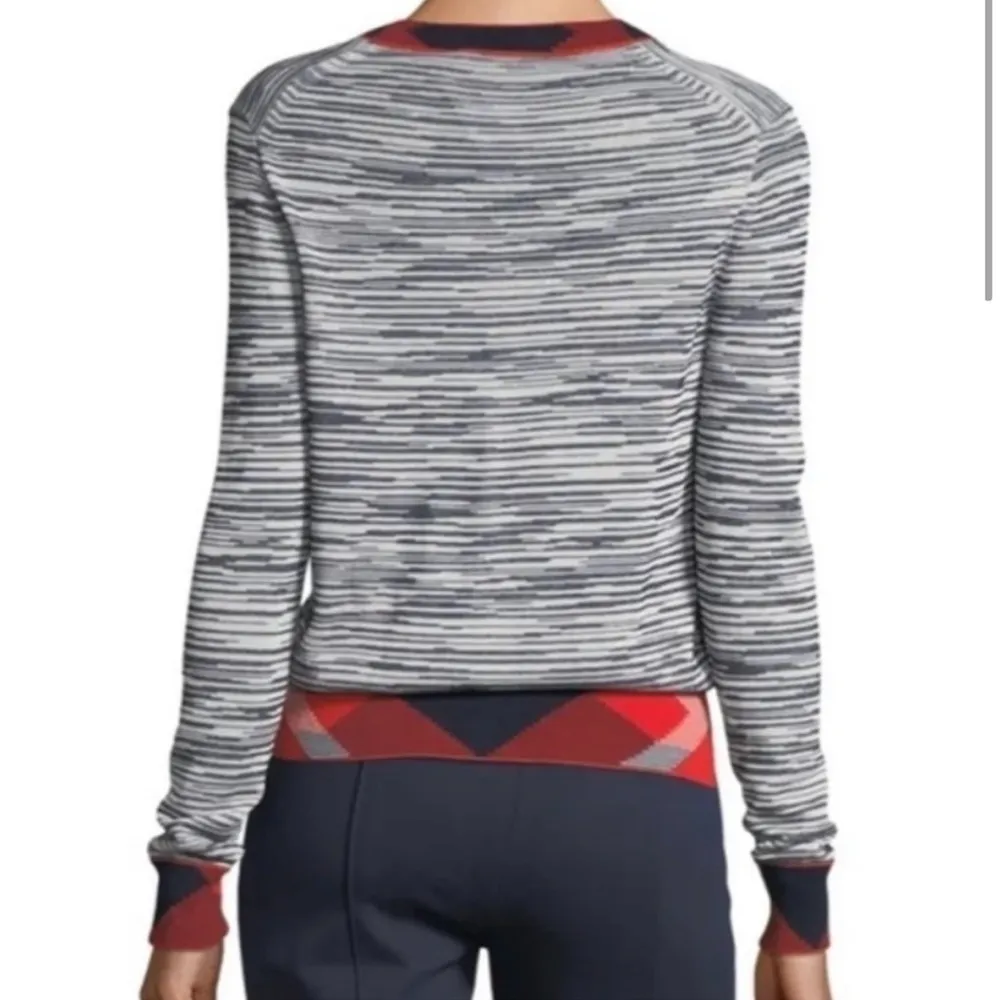 Tory Burch Arielle Cardigan Contrast Trim Navy Blue Red Ivory XS - Image 2