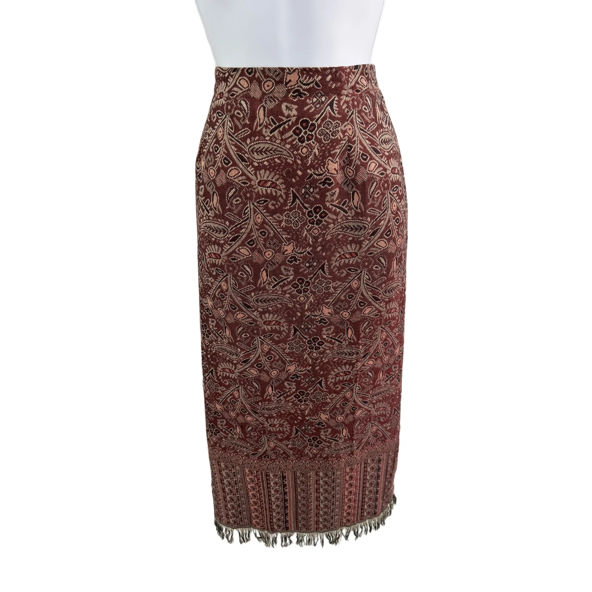 BFA Classics Paisley Print Fringe Hem HighWaisted Maxi Skirt‎ Size 12 Brown - Image 2