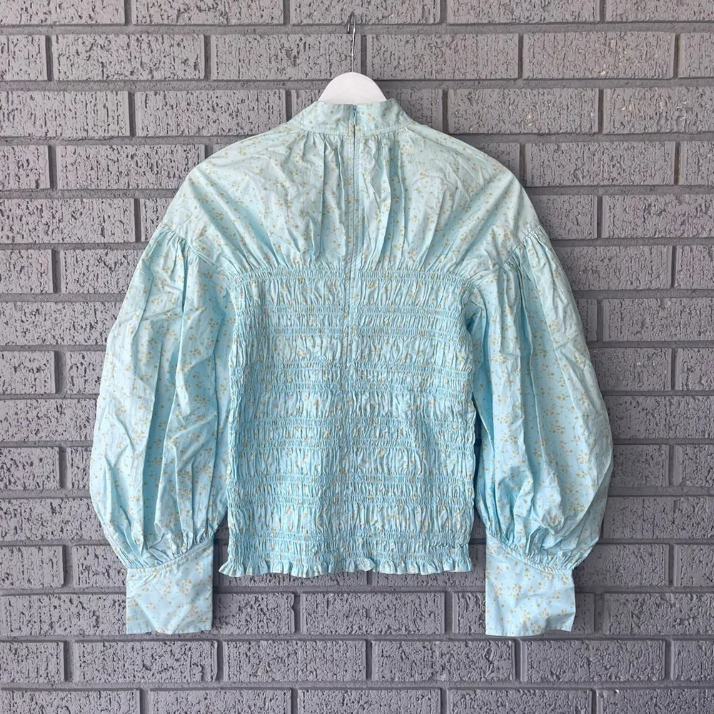 NWT Ganni Shirred Floral Organic Cotton Blend Poplin Blouse Puff Sleeve Blue - Image 5