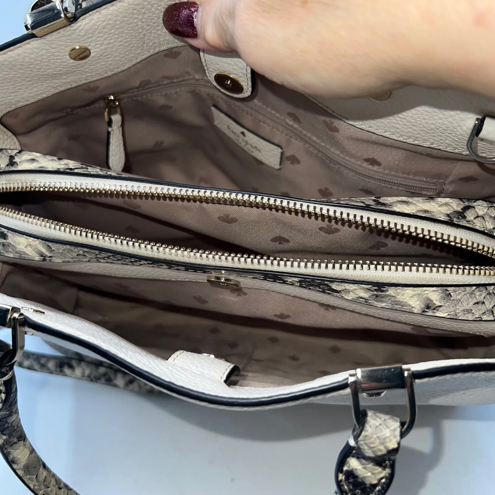 Kate Spade Satchel Crossbody Bag Snakeskin Handles Black Beige Leather Purse - Image 11