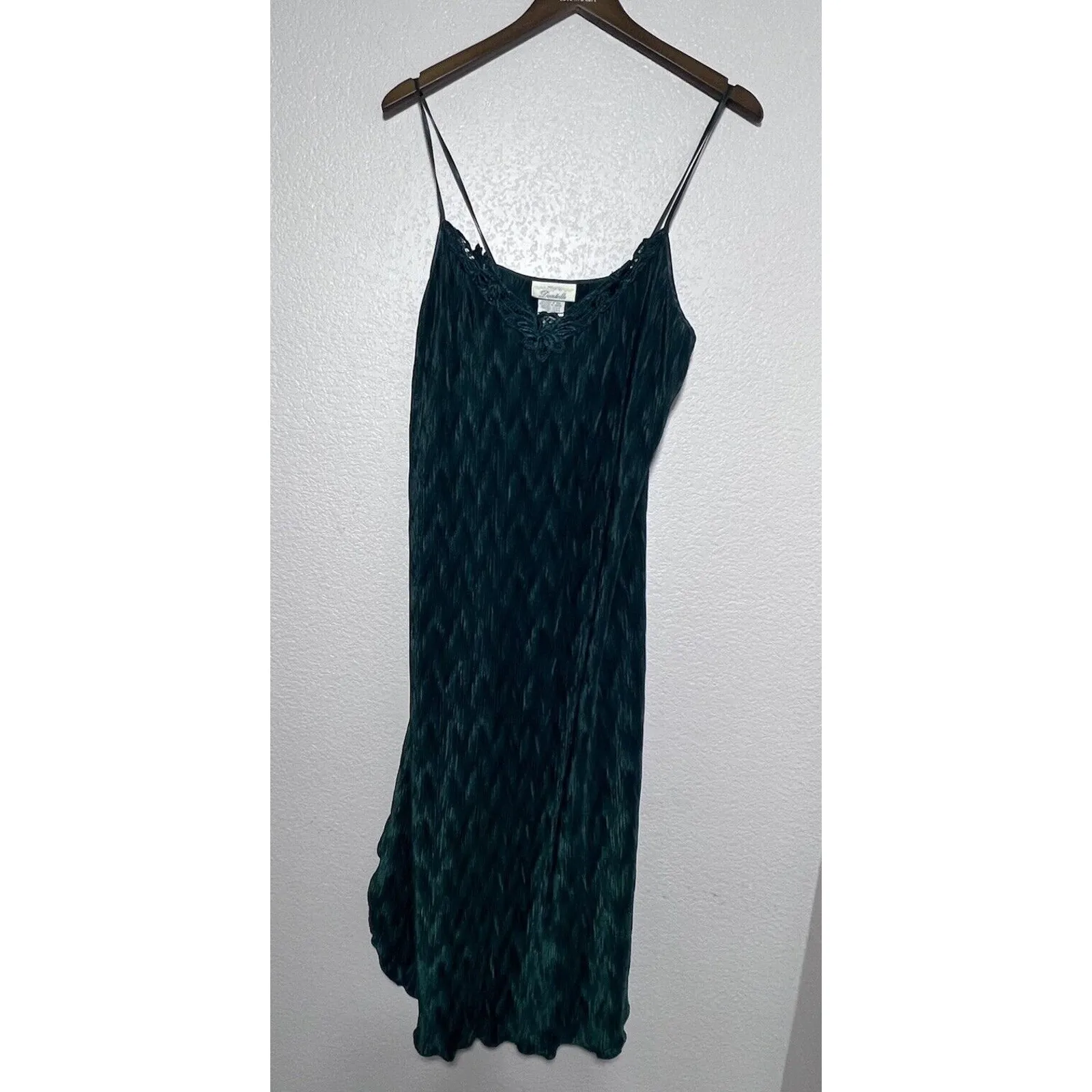 VTG 80s DENTELLE Crepe Lace Scalloped Lingerie Slip Emerald Green M Midi Dress - Image 6