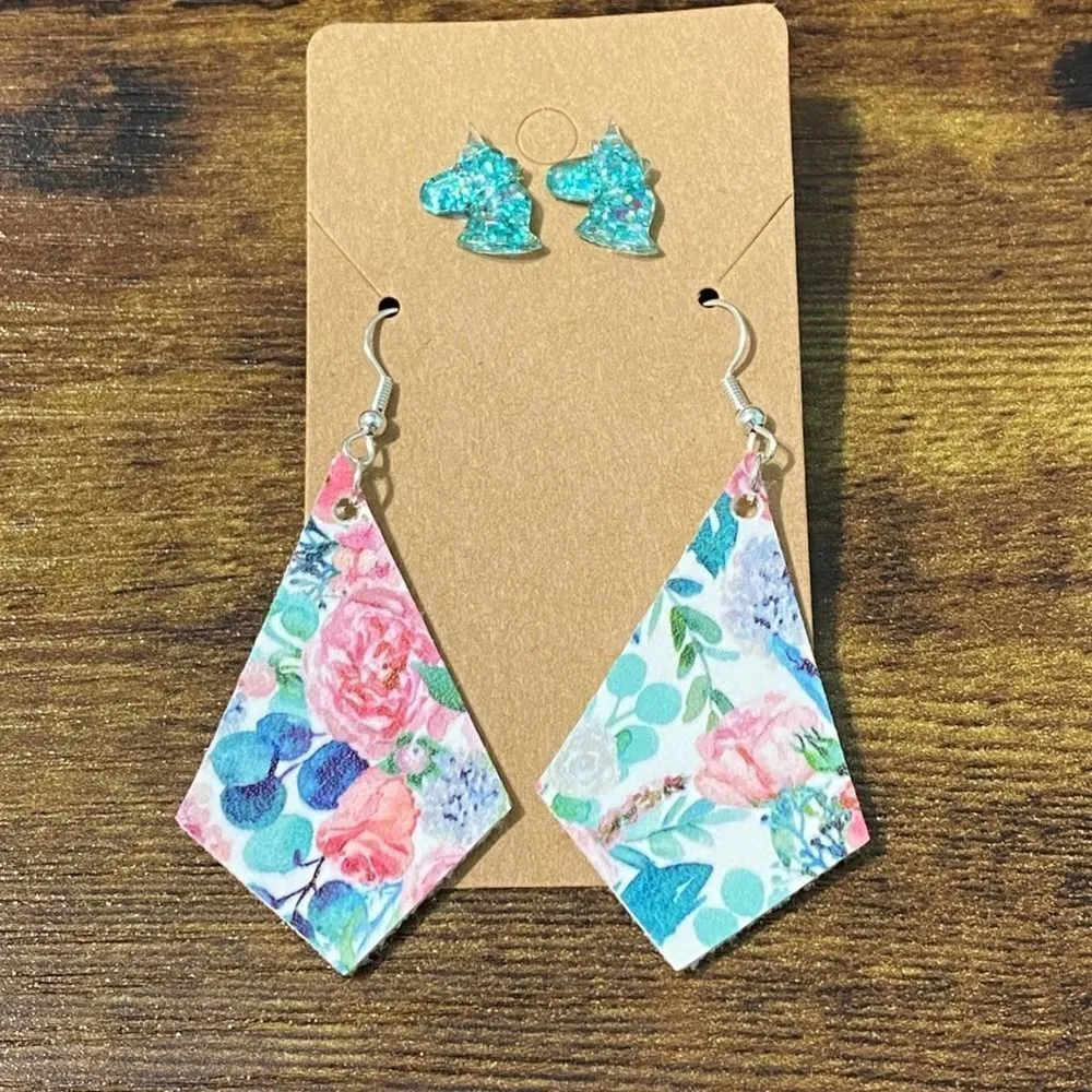 Unicorn‎ Studs Floral Dangle Earrings Set Teal Blue - Image 8