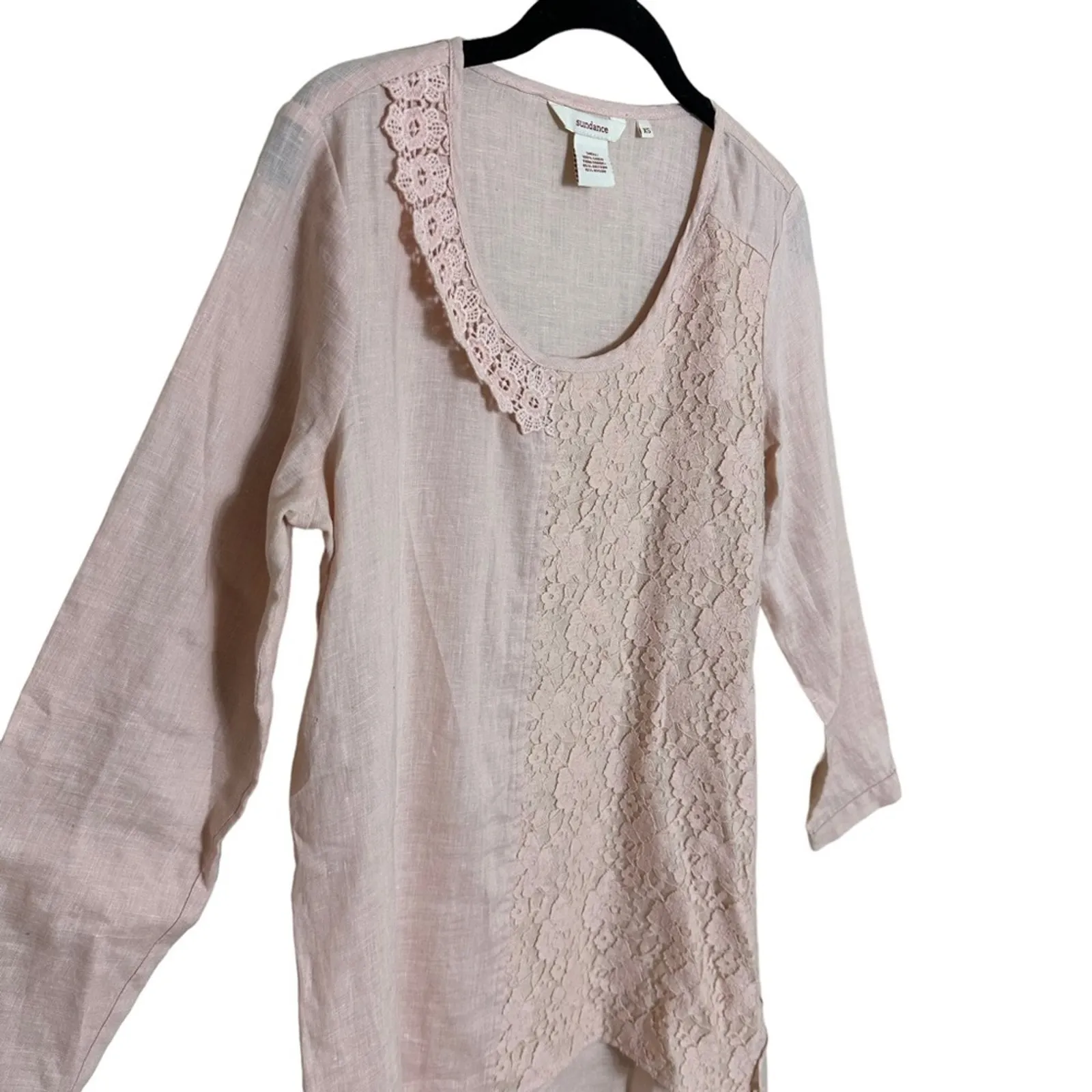 Sundance Light Pink Linen Round Neck Lace Trimmed Long Sleeve Blouse size XS - Image 4