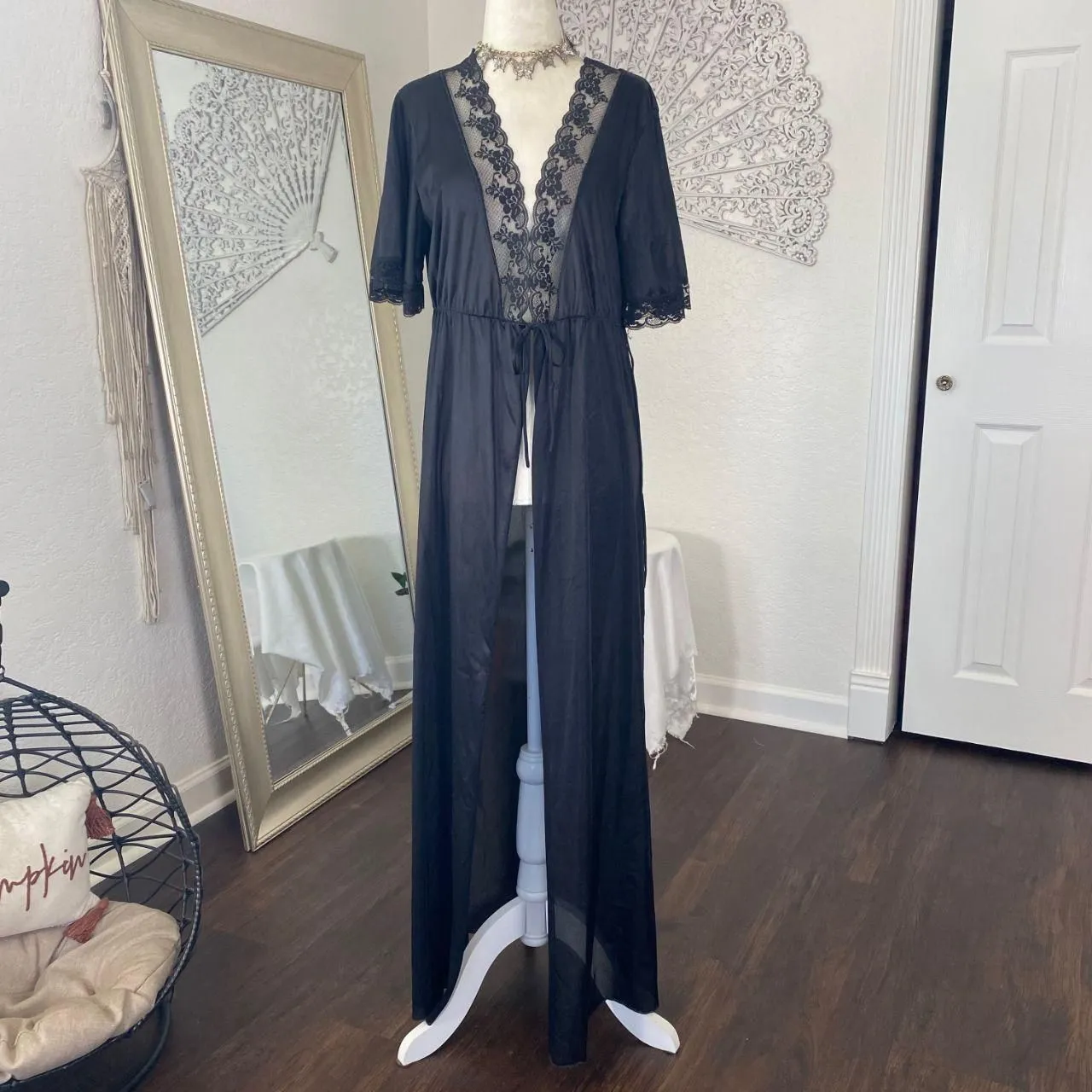 Vintage Glencraft Lingerie 1960 Union Made USA Black Lace Front Tie Duster L Size L - Image 2