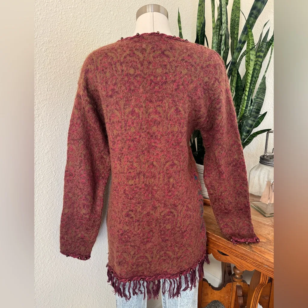 Vintage Boho Sweater Ramie Cotton Mohair Blend fringe beaded knit fall medium Red - Image 6