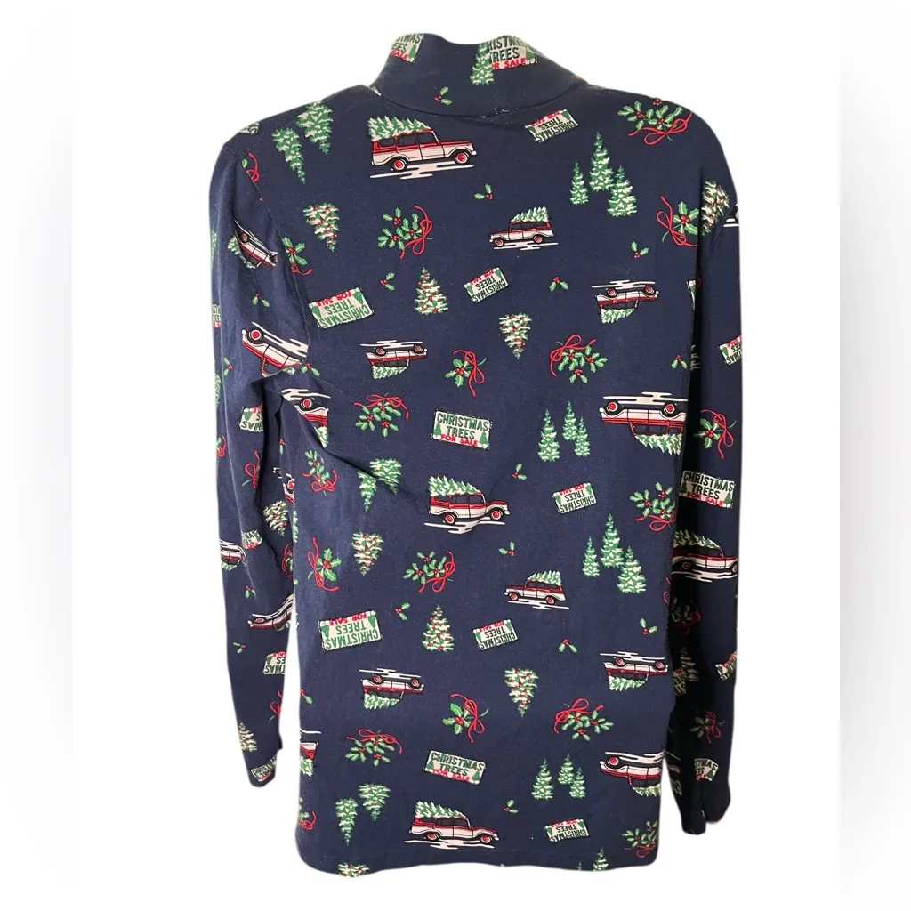 Time and Tru Mock Neck Long Sleeve Holiday Top Christmas Tree Farm Print Navy L Blue Size L - Image 2