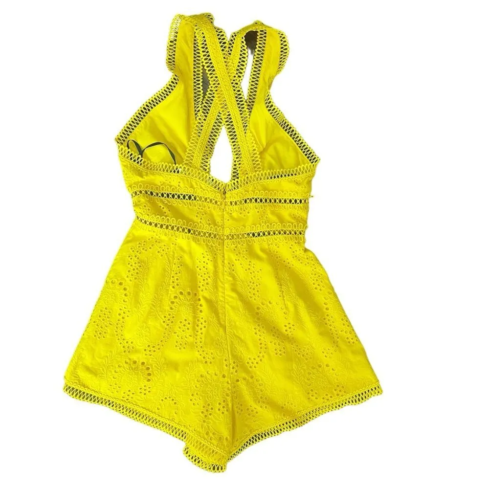 NBD Dreslin Yellow Eyelet Romper Halter Cutout NWT XS - Image 6