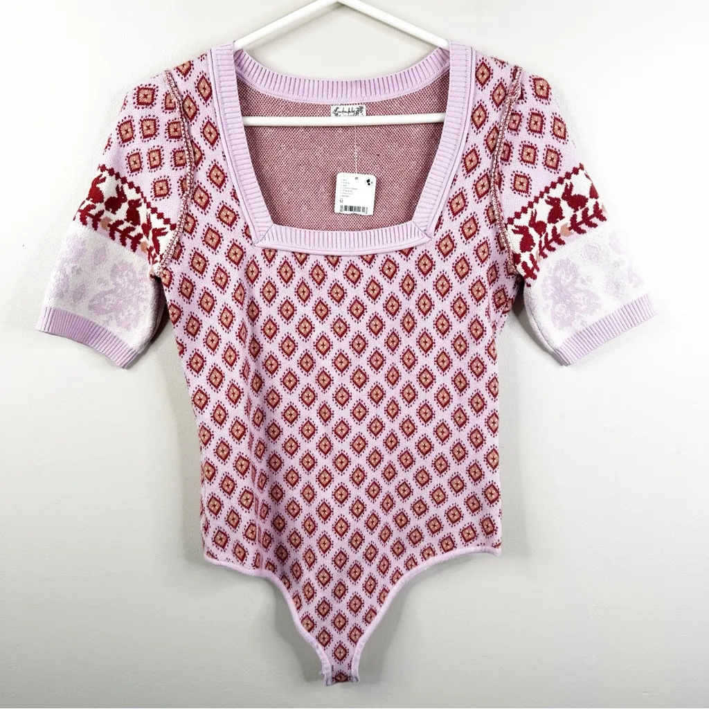 NEW Free People Snow Bunny Square Neck Sweater Knit Bodysuit Pink Rose Size M - Image 3