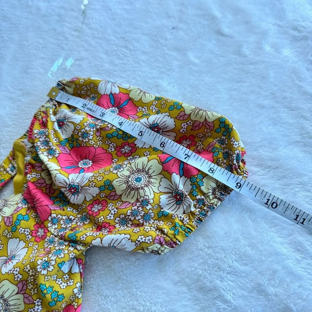 Lily Rose Romper Womens XS Yellow Floral Short Sleeve Cross Back Pockets Cottage - Image 12