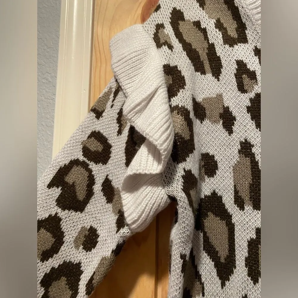 Chaser Button Front Cardigan Sweater Medium Cheetah Cozy Ruffle Long Sleeve - Image 4
