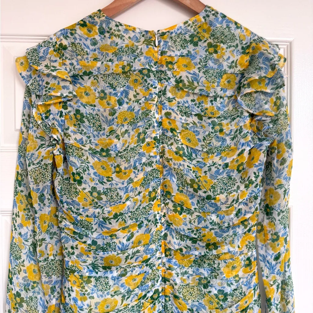 Veronica Beard Ruched Floral Silk Chiffon Mini Long Sleeve Dress 6 Yellow Blue - Image 11