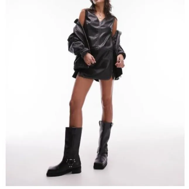 Topshop Pinafore Vegan Faux Leather Sleeveless Shift Dress in black, size 8 - Image 2