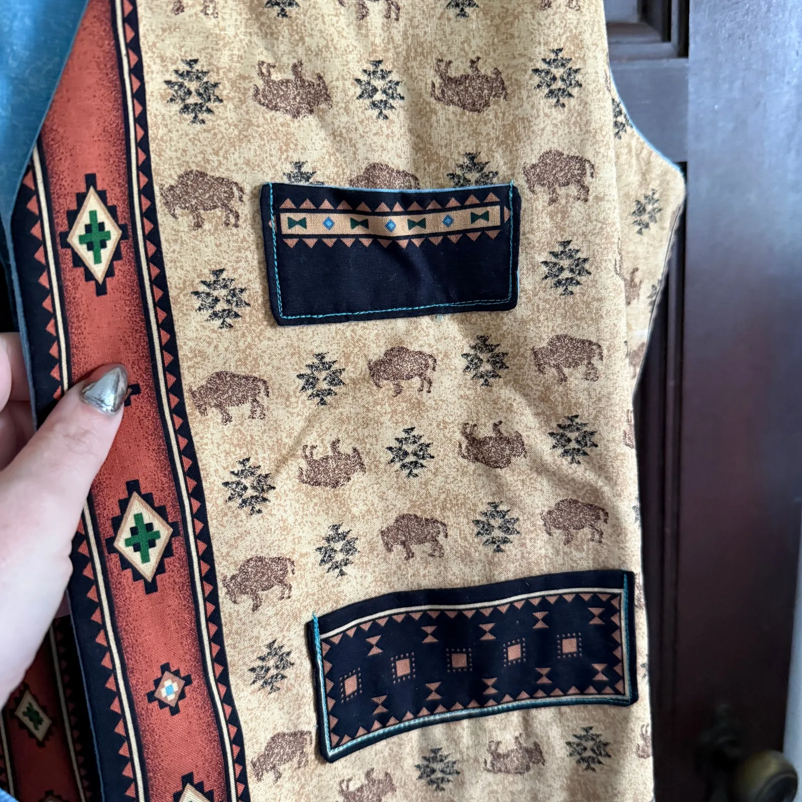 90s Vintage Black & Tan Handmade Western Mixed Print Open Front vest Large / XL - Image 2