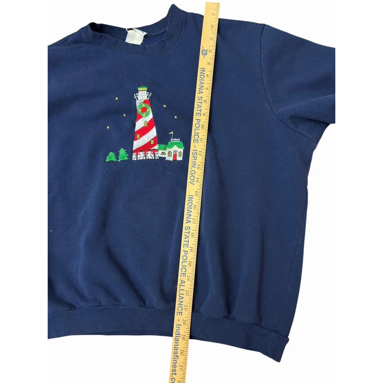 Women's Navy Blue Embroidered Winter Lighthouse Graphic Sweatshirt Size Small - Image 6