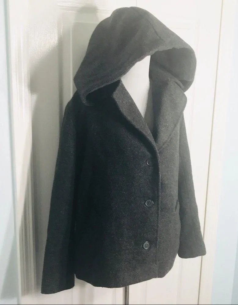 Express Hooded Dark Charcoal Grey Button Up Wool Coat Size 3/4 Small - Image 4