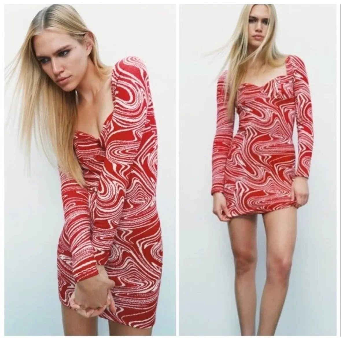 Zara Red White Abstract Square Neck Fitted Mini Dress - L Artsy Valentines Retro - Image 2