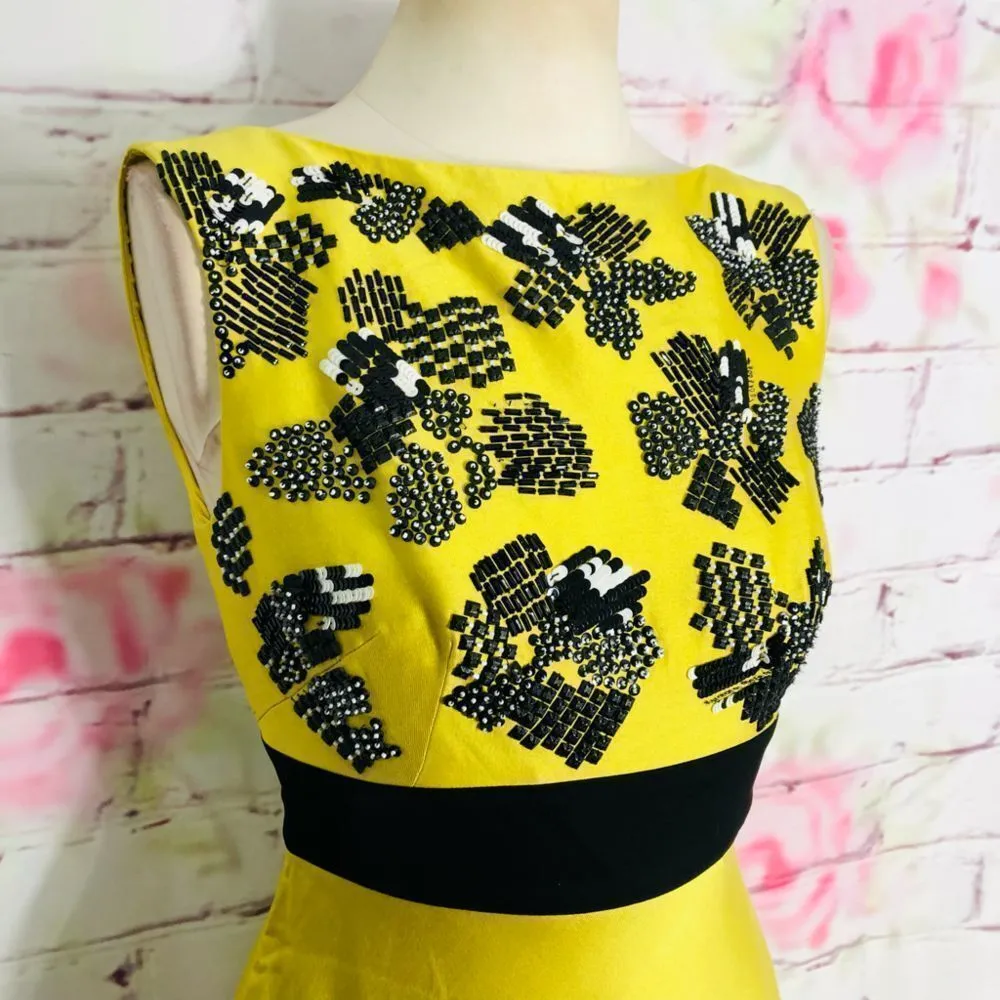 Lela rose yellow wool silk blend sleeveless beaded top party dress Size 2 - Image 3