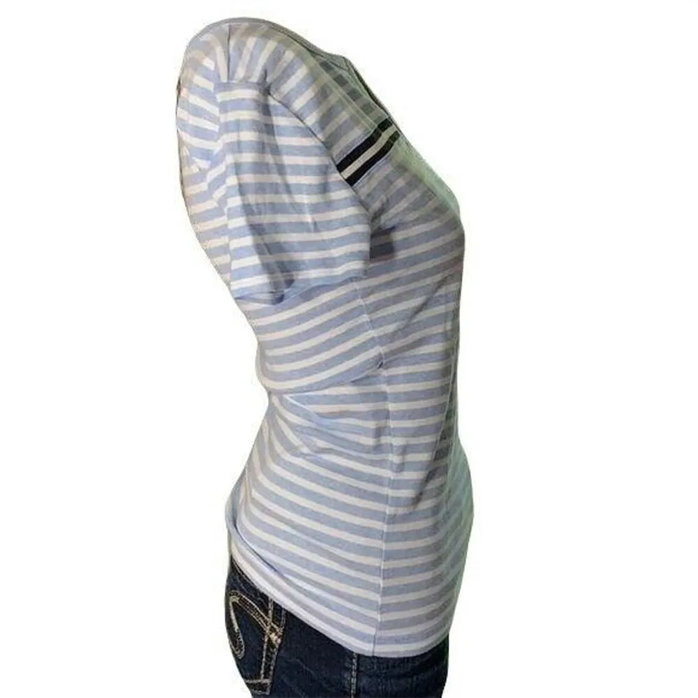 Womens T Shirt Short Sleeve Striped V Neck Fitted Cotton Blue XS - Image 4