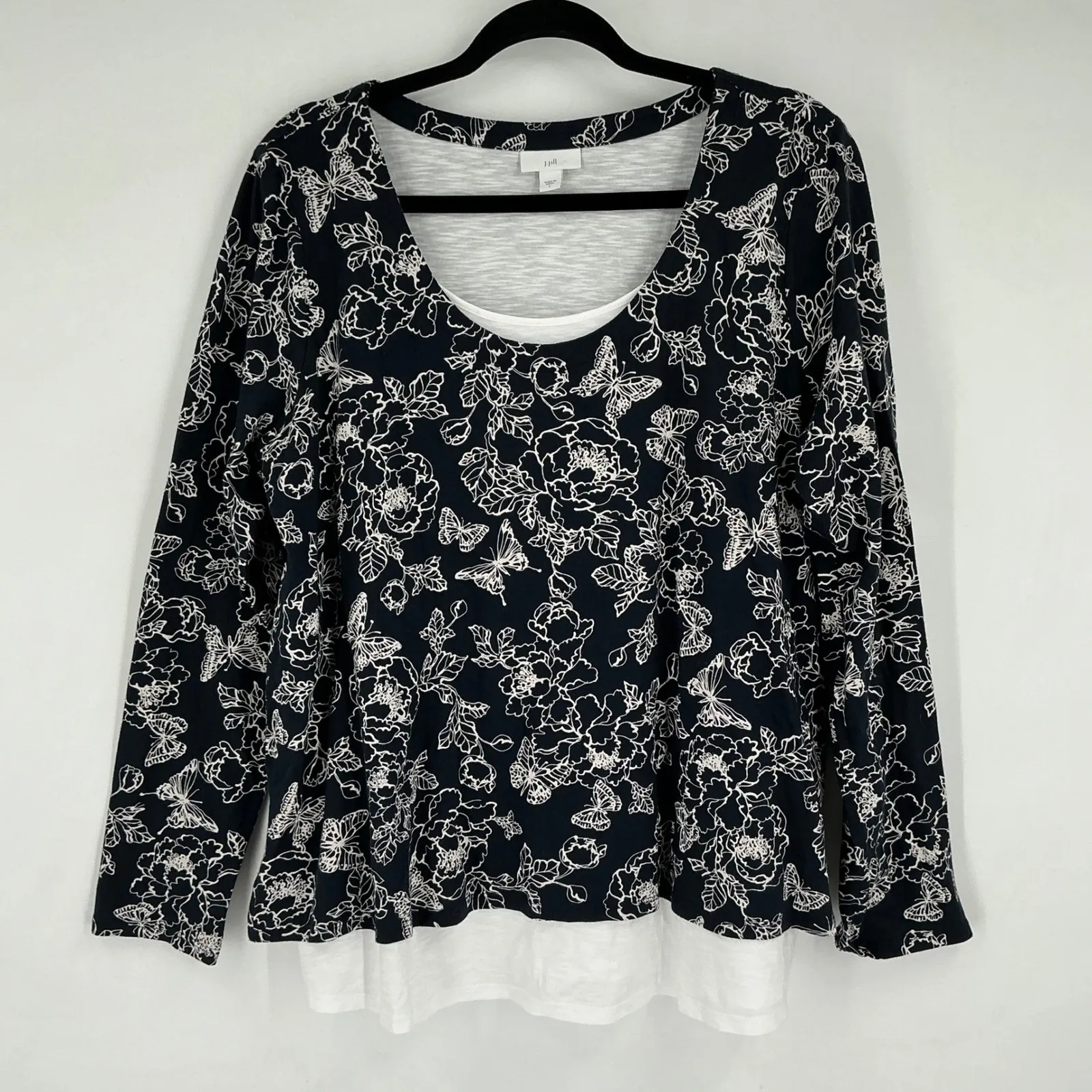J Jill Layered Lagenlook Long Sleeve Floral‎ Butterfly Top Women's Size L Navy - Image 2