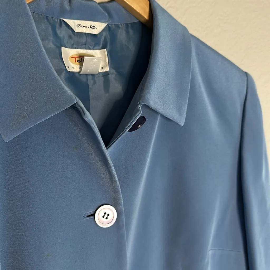 Vintage Talbots 100% Silk Sky Blue Jacket Blazer Button Up Collared Tailored - Image 4