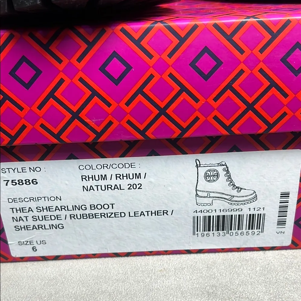 TORY BURCH thea shearling boots size6 color/rhum natural 202 rubberized leather - Image 2