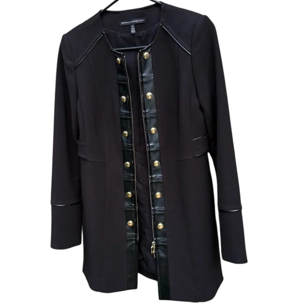 EUC White House Black Market Faux Leather Trimmed Long Line Duster Jacket Top XS - Image 2
