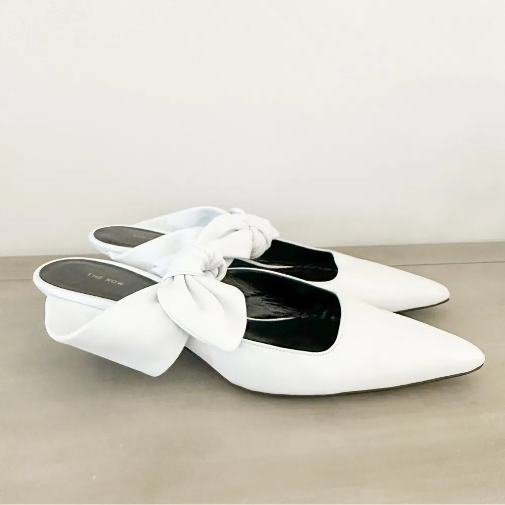 The Row White Leather Coco Bow Kitten Heel Mules sz 40 - Image 3