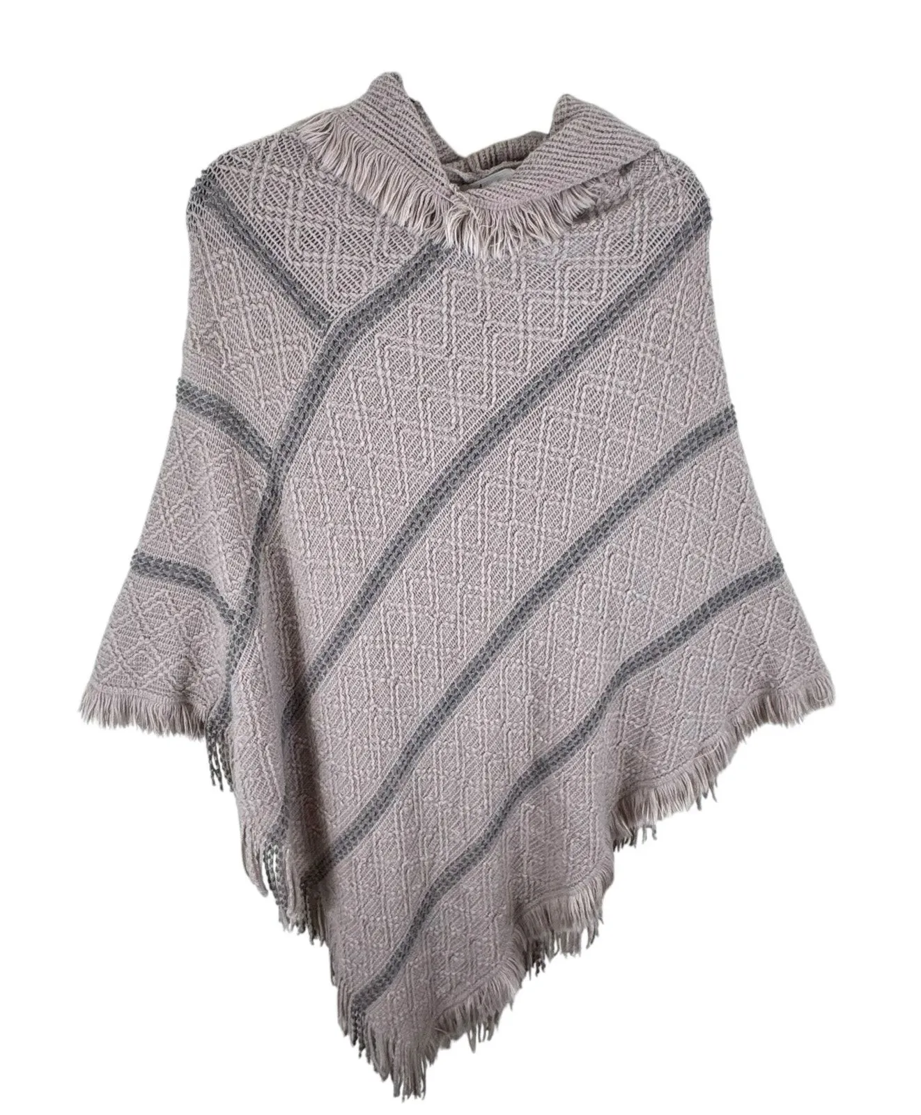 Arianna By Howard's Pink Gray Striped Hooded Fringe Poncho One Size Size XL - Image 1