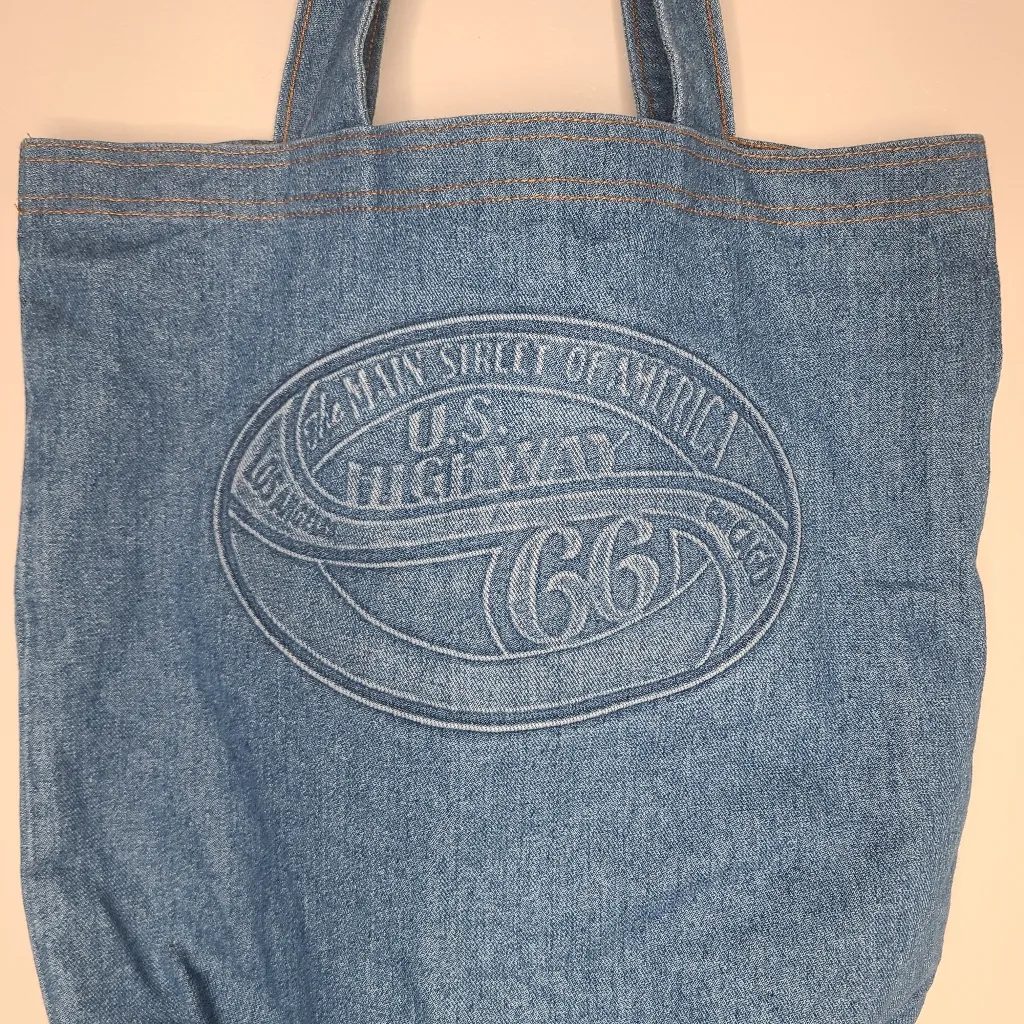 Vintage Blue Denim Jean Tote‎ Shoulder Bag Route 66 Made in USA - Image 2