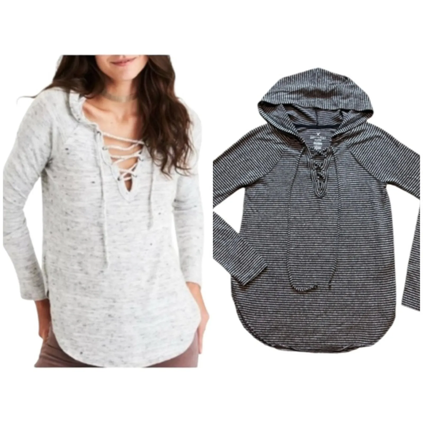 American Eagle Soft & Sexy Striped Lace-Up Hoodie Tee Lightweight Small - Image 2