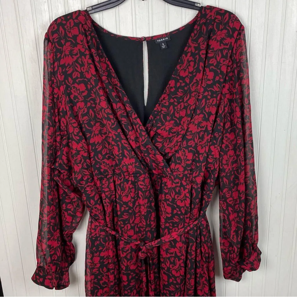 Torrid Midi Crinkle Chiffon Surplice Balloon Sleeve Dress Plus Size 5X Red Black - Image 4