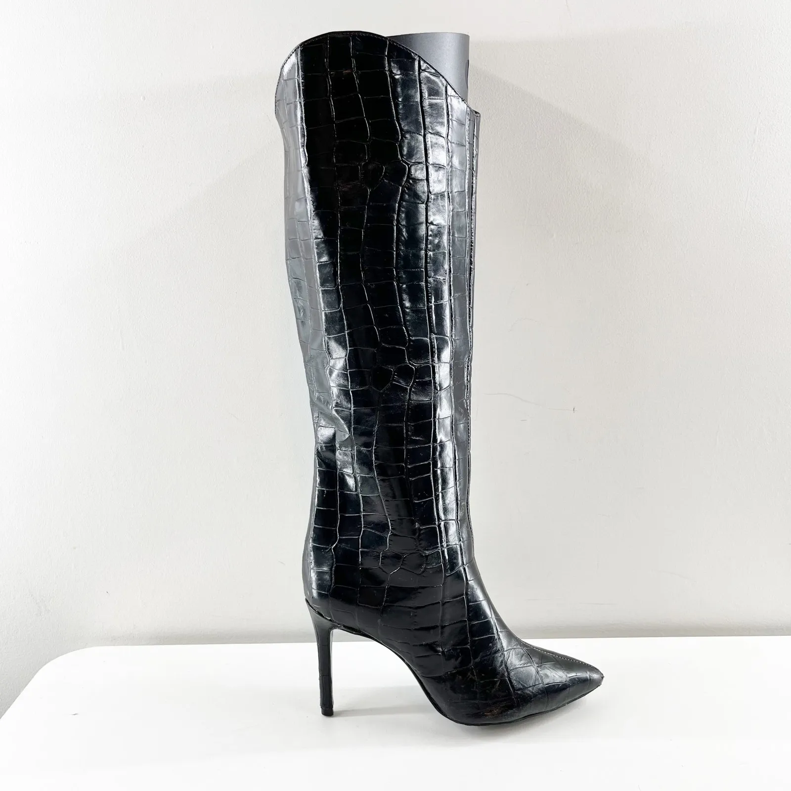 Shutz Maryana Knee High Croc Embossed Stiletto Heel Boots Black 6 - Image 2