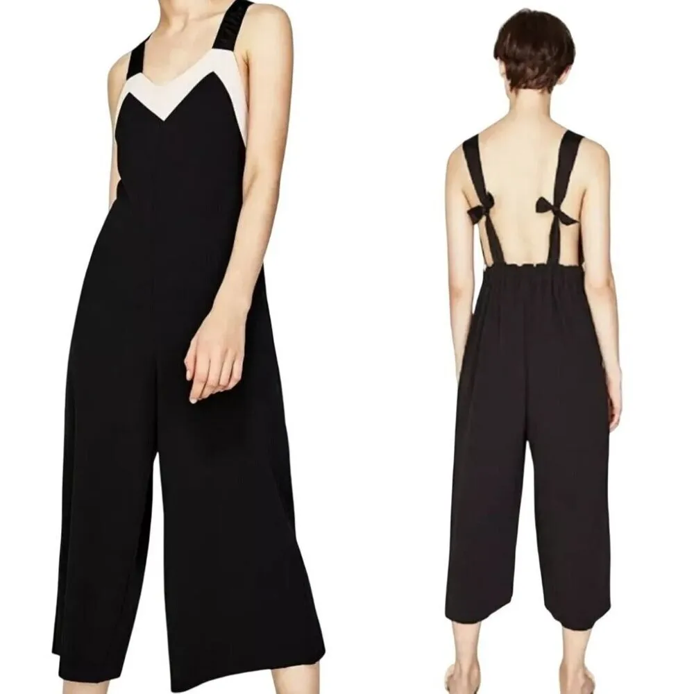 Zara Jumpsuit Women Small Black Ivory Tie‎ Back Overall Wide Leg Cropped Preppy - Image 2