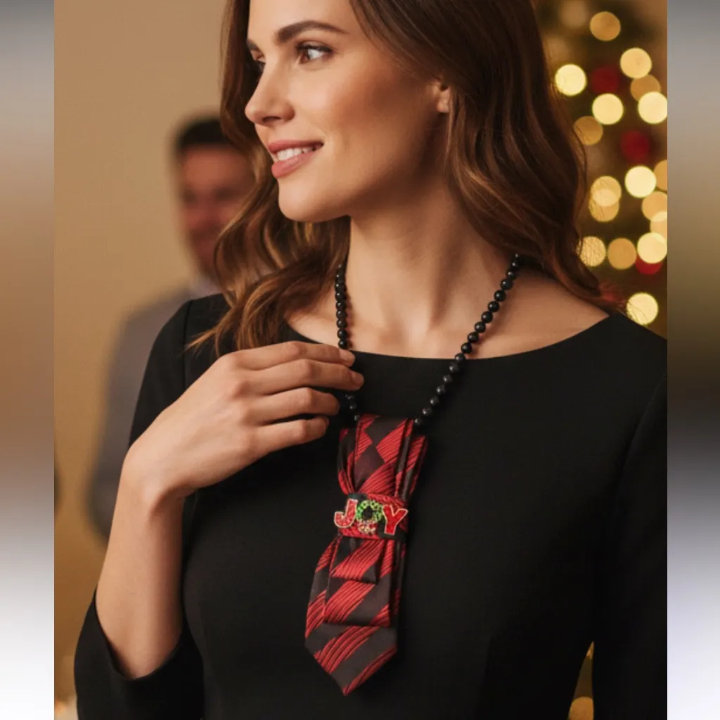 “Dainty Dapper”Elegant Red and Black necktie Necklace with holiday brooch - Image 2