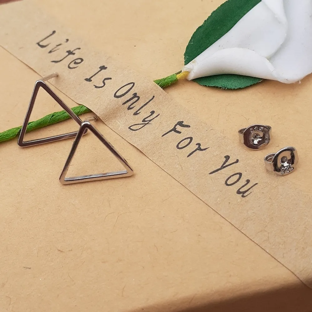 Silver Hollow Triangle Stud Earrings | 925 Sterling Silver‎ - Image 3