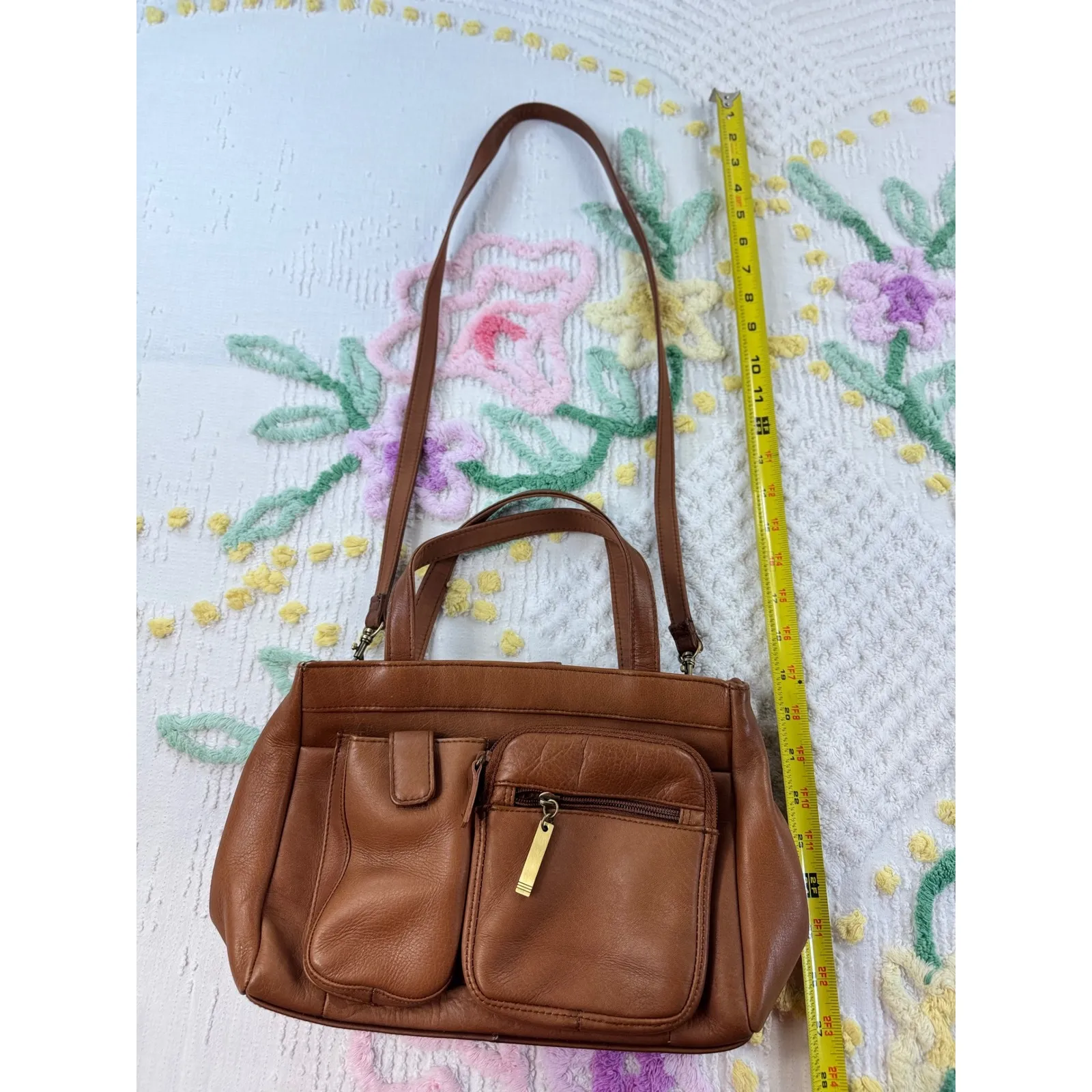 Brown Leather Satchel Shoulder Crossbody Bag Multiple Pockets - Image 2