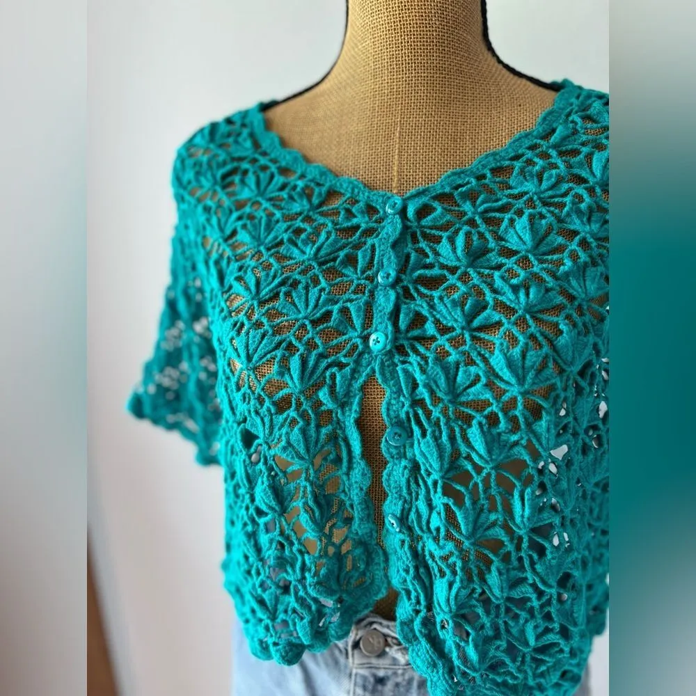 Jessica London Cropped Crochet Blue Short Sleeve Cardigan - Image 8