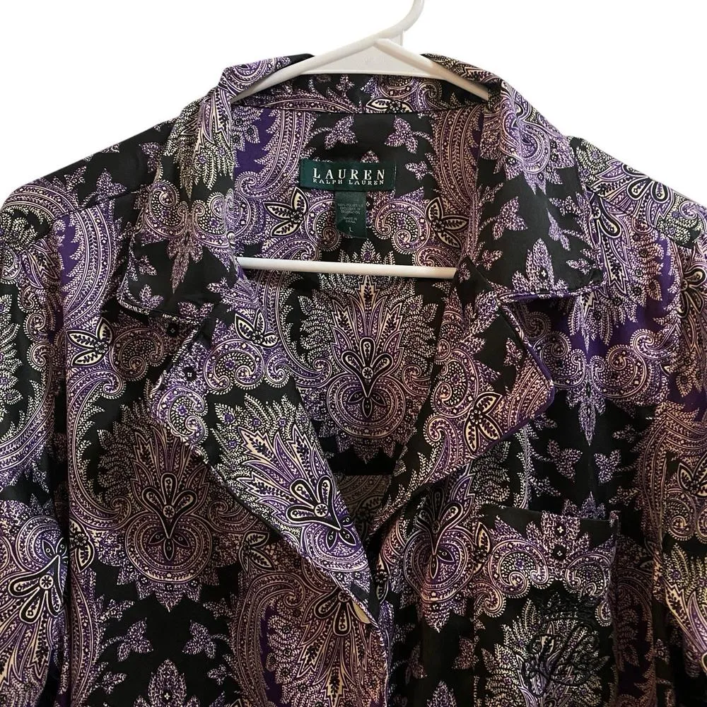 Lauren Ralph Lauren Large Pajama Top Button Down Purple Paisley Floral Satiny - Image 2