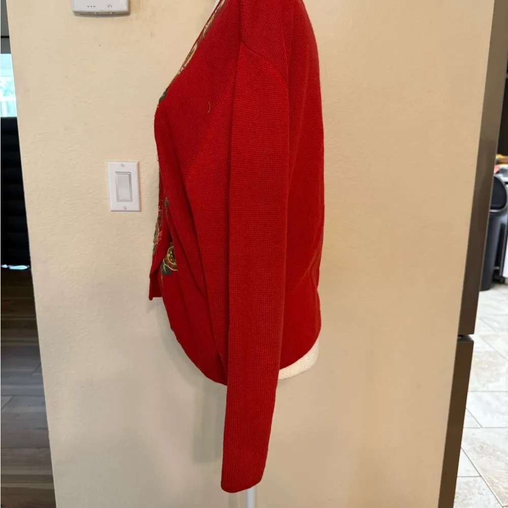 VTG Herman Geist Embroidered Cardigan Floral Beaded Sweater Red Large Boho Rose - Image 2