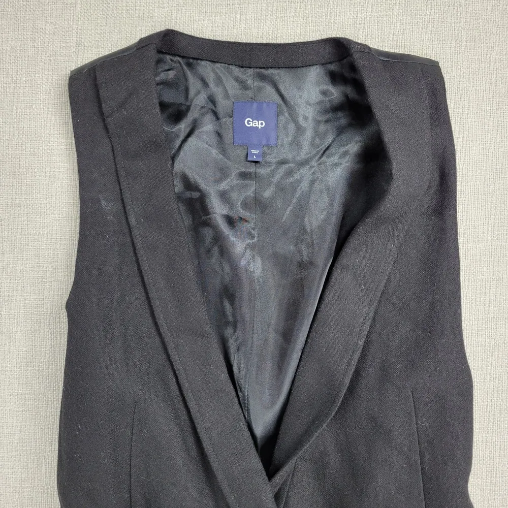 Gap Womens Vest Large Black Wool Blend Plunging Neck Waist Tie Double Breasted - Image 6