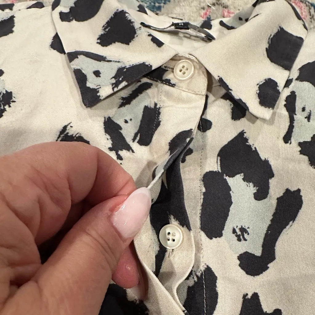 Lafayette 148 Scottie Silk Animal Print Leopard Black Cream White Blue Blouse M Size M - Image 4